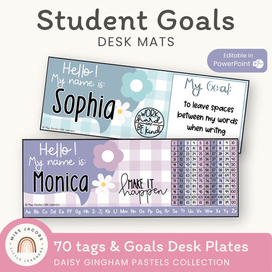 Student Desk Name Plate & Goals Mat - Daisy Gingham Pastels