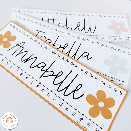 Student Desk Plates & Supply Labels | Daisy Gingham Neutrals Classroom Decor - Miss Jacobs Little Learners