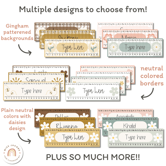 Student Desk Plates & Supply Labels | Daisy Gingham Neutrals Classroom Decor - Miss Jacobs Little Learners