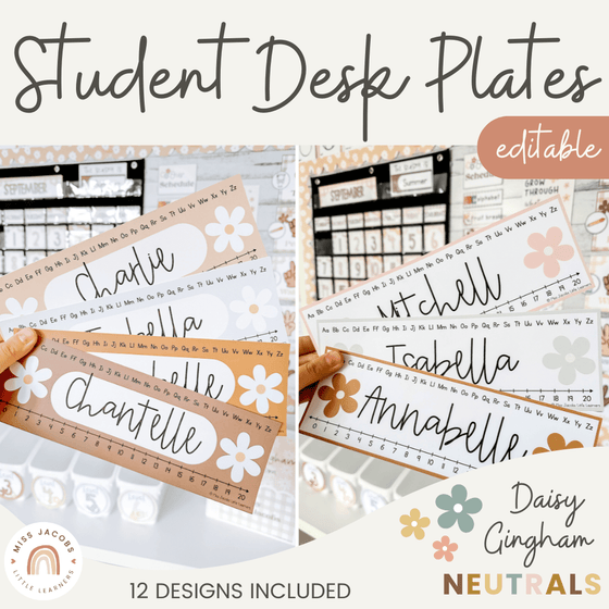 Student Desk Plates & Supply Labels | Daisy Gingham Neutrals Classroom Decor - Miss Jacobs Little Learners