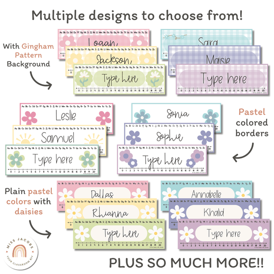 Student Desk Plates & Supply Labels | Daisy Gingham Pastels Classroom Decor - Miss Jacobs Little Learners