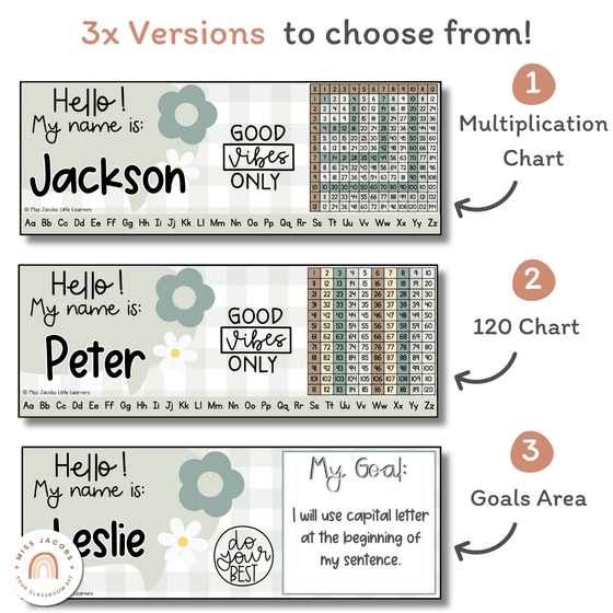 Student Name Tags & Goals Desk Plates | Alphabet & Numberline | Daisy Gingham | Editable - Miss Jacobs Little Learners