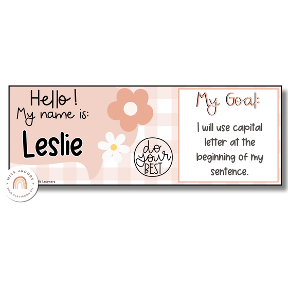 Student Name Tags & Goals Desk Plates | Alphabet & Numberline | Daisy Gingham | Editable - Miss Jacobs Little Learners