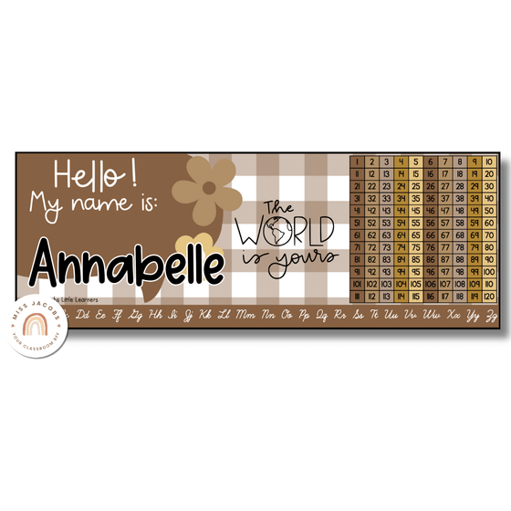 Student Name Tags & Goals Desk Plates | Alphabet & Numberline | Daisy Gingham | Editable - Miss Jacobs Little Learners