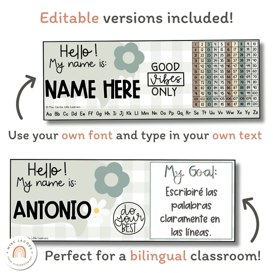 Student Name Tags & Goals Desk Plates | Alphabet & Numberline | Daisy Gingham | Editable - Miss Jacobs Little Learners