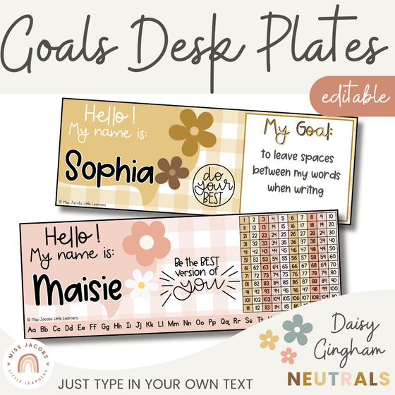 Student Name Tags & Goals Desk Plates | Alphabet & Numberline | Daisy Gingham | Editable - Miss Jacobs Little Learners