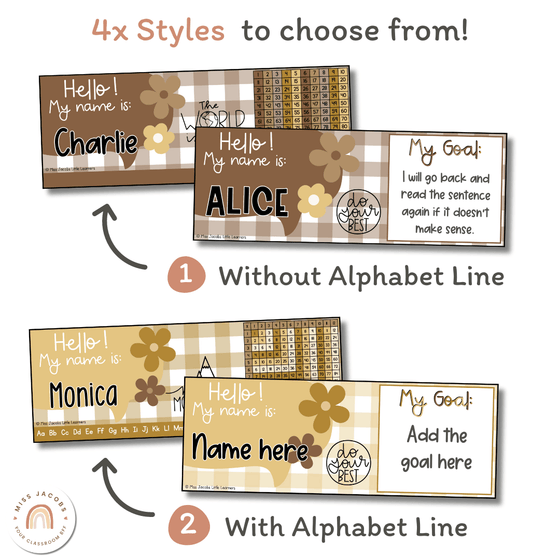 Student Name Tags & Goals Desk Plates | Alphabet & Numberline | Daisy Gingham | Editable - Miss Jacobs Little Learners