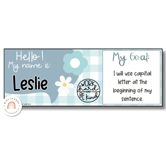 Student Name Tags & Goals Desk Plates | Daisy Gingham Pastels Classroom Decor | Editable - Miss Jacobs Little Learners