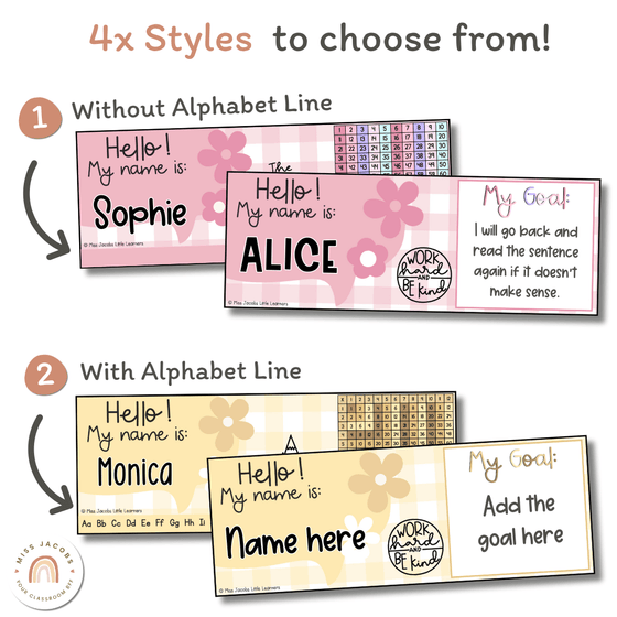 Student Name Tags & Goals Desk Plates | Daisy Gingham Pastels Classroom Decor | Editable - Miss Jacobs Little Learners