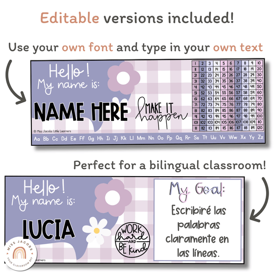 Student Name Tags & Goals Desk Plates | Daisy Gingham Pastels Classroom Decor | Editable - Miss Jacobs Little Learners