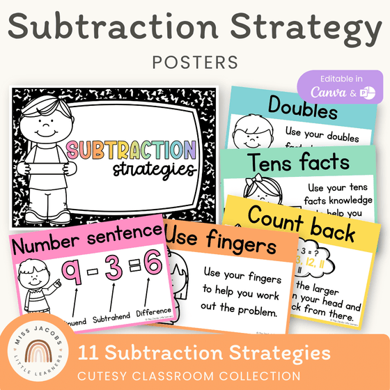 Subtraction Strategies Posters - Cutesy Classroom Decor - Miss Jacobs Little Learners