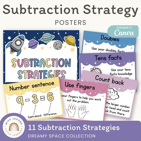 Subtraction Strategies Posters - Dreamy Space Theme Classroom Decor - Miss Jacobs Little Learners