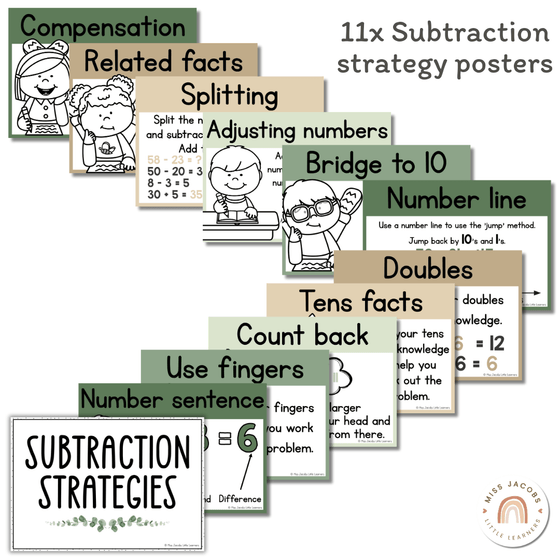 Subtraction Strategies Posters - Modern Botanical Theme - Miss Jacobs Little Learners