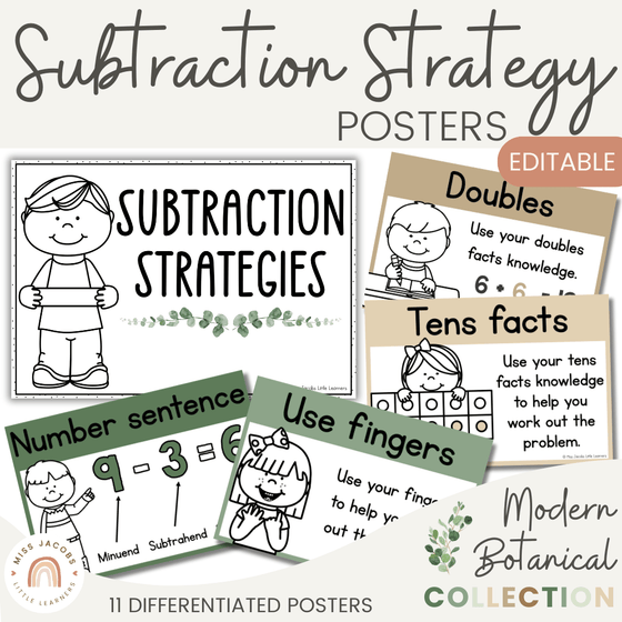 Subtraction Strategies Posters - Modern Botanical Theme - Miss Jacobs Little Learners