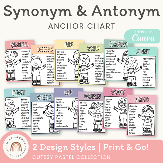 Synonym and Antonym Anchor Chart - Cutesy Pastel English Decor