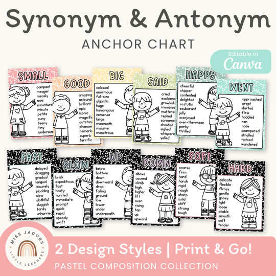 Synonym and Antonym Anchor Chart - Pastel Composition Notebook English Decor