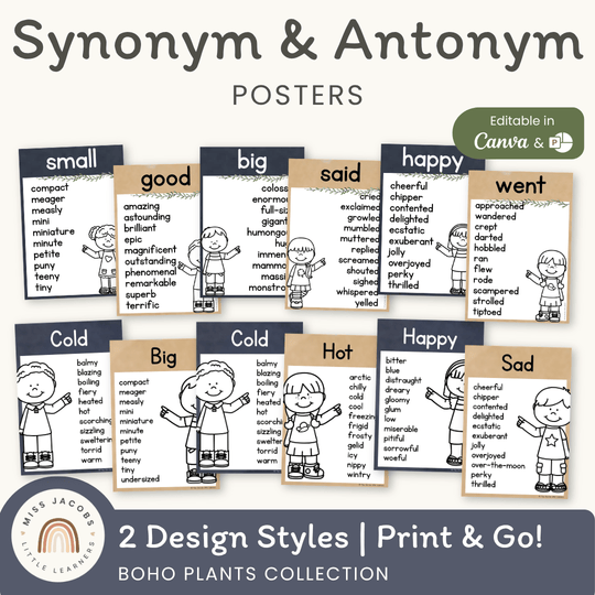 Synonym and Antonym Posters - Boho Plants English Decor