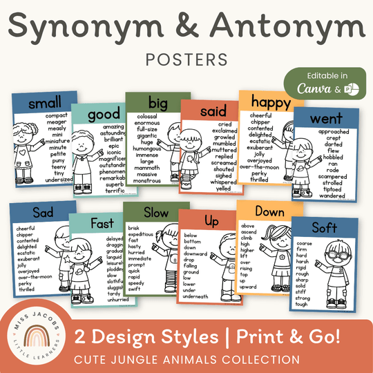 Synonym and Antonym Posters - Cute Jungle Animals English Decor