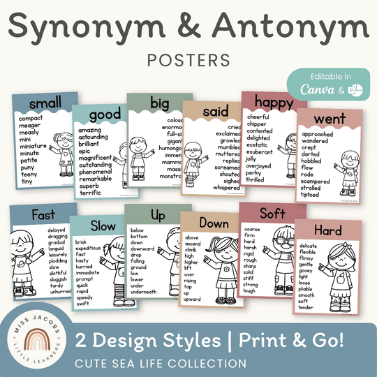 Synonym and Antonym Posters - Cute Sea Life English Decor