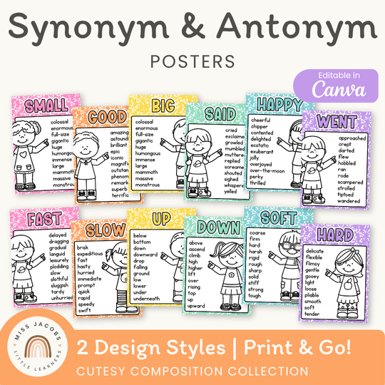 Synonym and Antonym Posters - Cutesy Composition English Decor