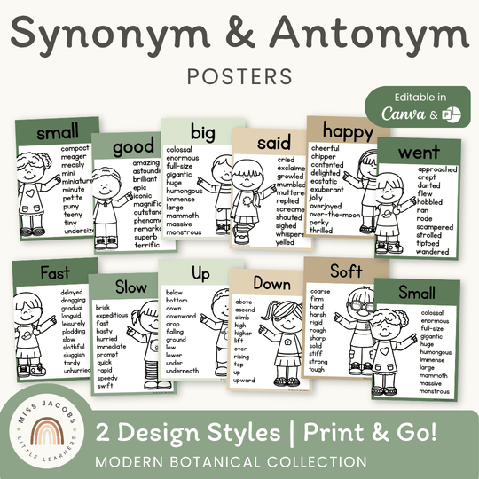 Synonym and Antonym Posters - Modern Botanical English Decor