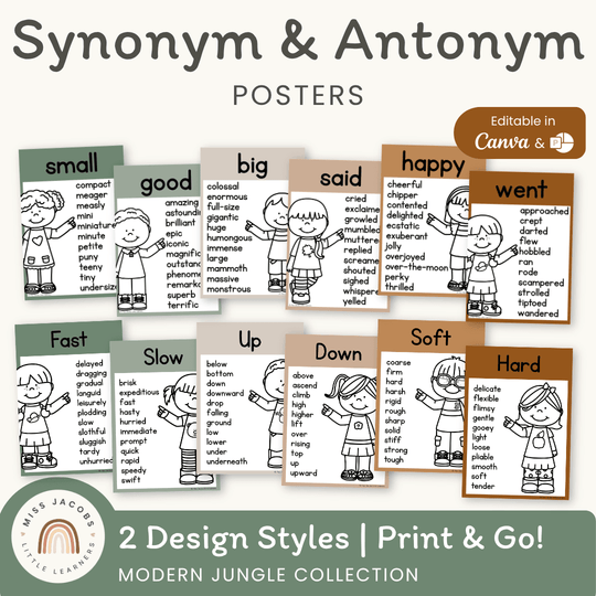 Synonym and Antonym Posters - Modern Jungle Earthy English Decor