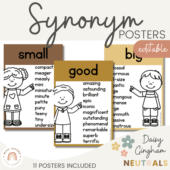 Synonym Posters | Modern Daisy Gingham Neutrals English Classroom Decor - Miss Jacobs Little Learners