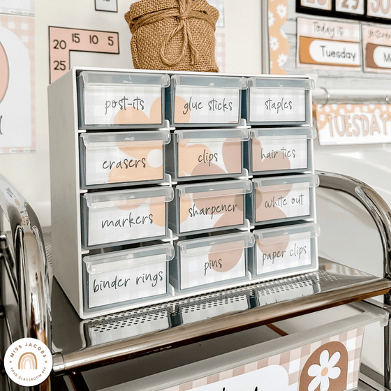 Teacher Toolbox Labels | Daisy Gingham Neutral Classroom Decor | Editable - Miss Jacobs Little Learners