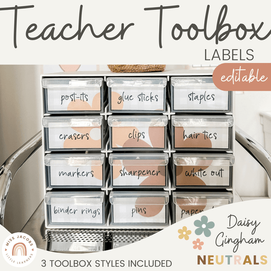 Teacher Toolbox Labels - Daisy Gingham Neutrals Decor