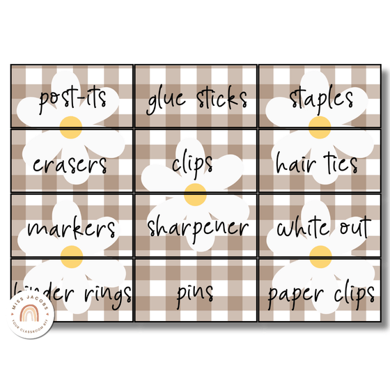 Teacher Toolbox Labels | Daisy Gingham Neutral Classroom Decor | Editable - Miss Jacobs Little Learners