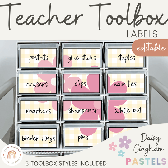 Teacher Toolbox Labels - Daisy Gingham Pastels Decor