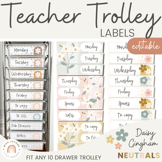 Teacher Trolley Labels for Rolling Cart - Daisy Gingham Neutrals