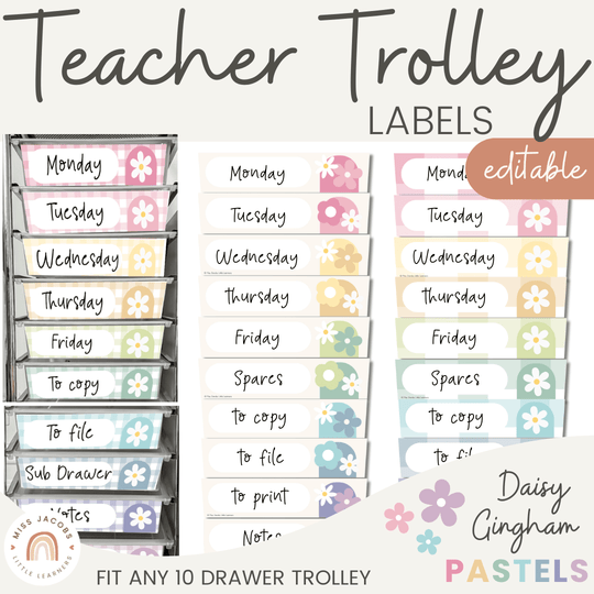 Teacher Trolley Labels for Rolling Cart - Daisy Gingham Pastels Decor