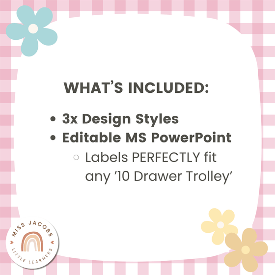 Teacher Trolley Labels | 10 Drawer cart labels in Daisy Gingham | Editable - Miss Jacobs Little Learners