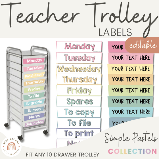 Teacher Trolley Labels | 10 Drawer Cart Labels | PASTELS | EDITABLE - Miss Jacobs Little Learners