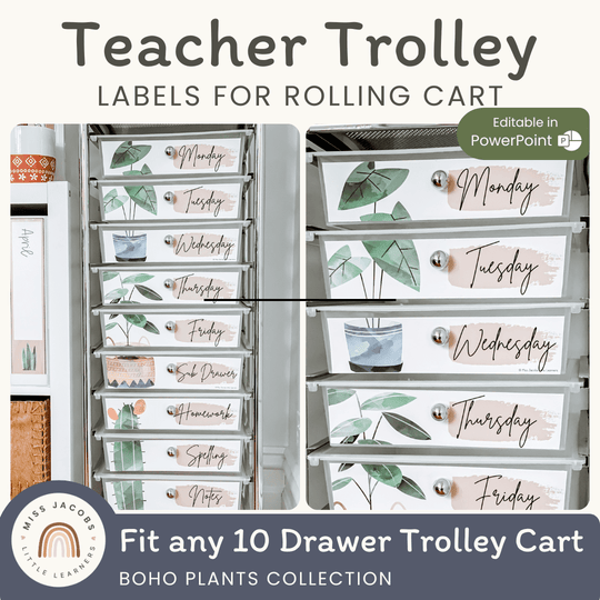 Teacher Trolley Labels for Rolling Cart - Boho Plants Decor