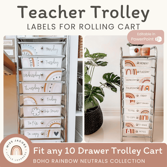 Teacher Trolley Labels for Rolling Cart - Boho Rainbow Decor