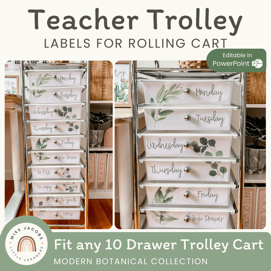 Teacher Trolley Labels for Rolling Cart - Botanical Decor
