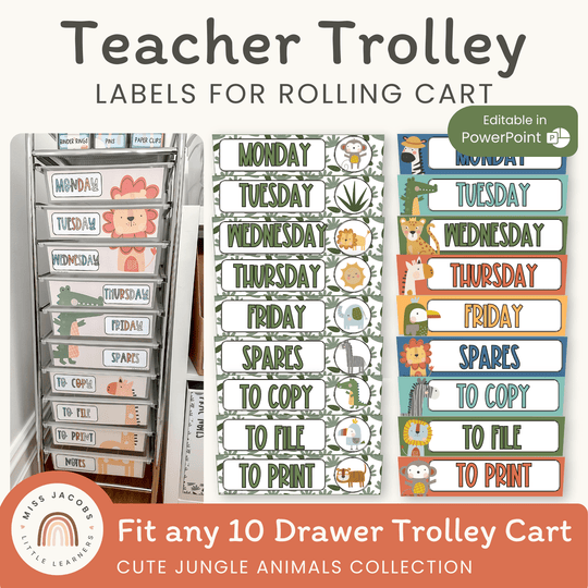Teacher Trolley Labels for Rolling Cart - Cute Jungle Animals