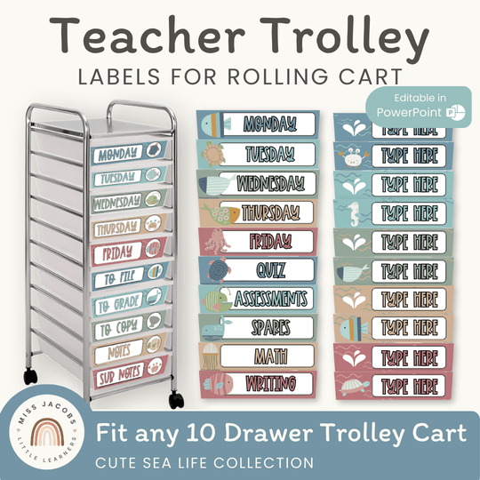 Teacher Trolley Labels for Rolling Cart - Cute Sea Life Decor