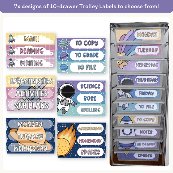 Teacher Trolley Labels for Rolling Cart - Dreamy Space Classroom Decor - Miss Jacobs Little Learners