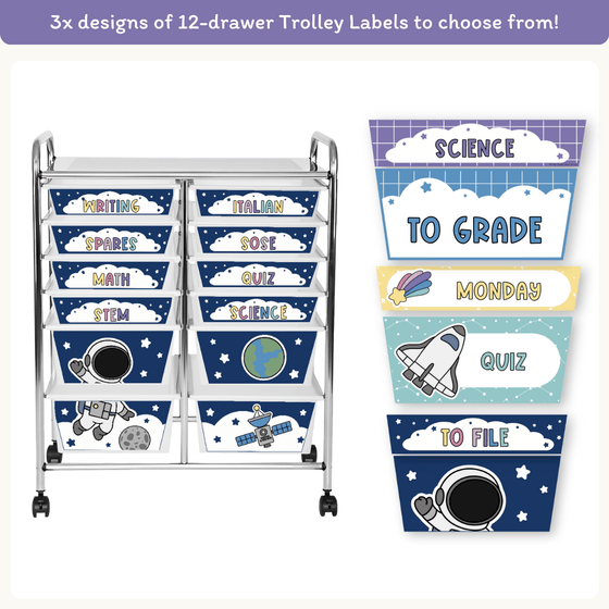 Teacher Trolley Labels for Rolling Cart - Dreamy Space Classroom Decor - Miss Jacobs Little Learners