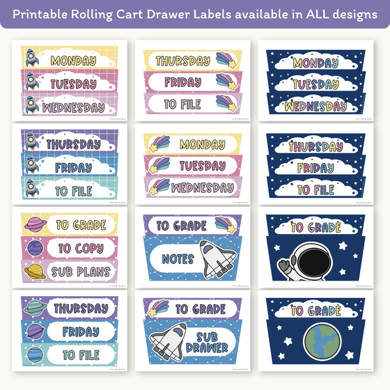 Teacher Trolley Labels for Rolling Cart - Dreamy Space Classroom Decor - Miss Jacobs Little Learners