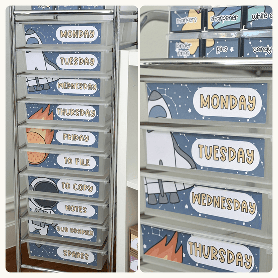 Teacher Trolley Labels for Rolling Cart - Dreamy Space Classroom Decor - Miss Jacobs Little Learners