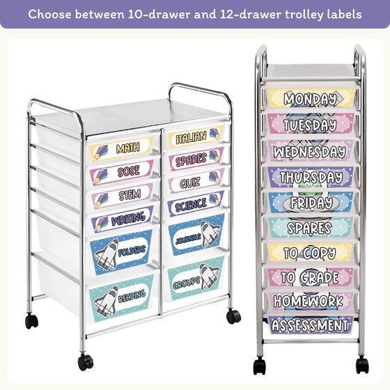 Teacher Trolley Labels for Rolling Cart - Dreamy Space Classroom Decor - Miss Jacobs Little Learners