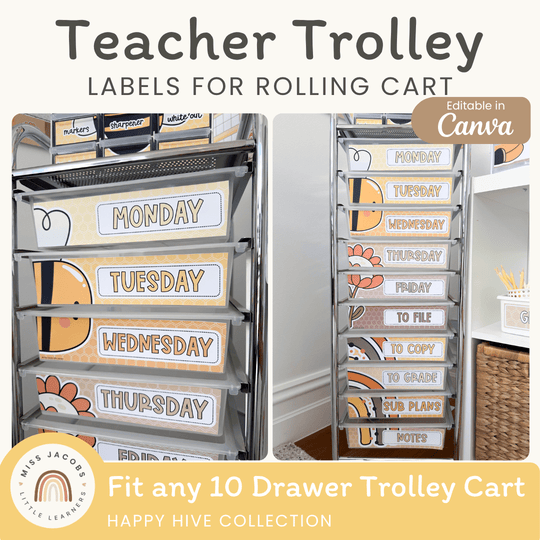 Teacher Trolley Labels for Rolling Cart - Happy Hive Classroom Decor