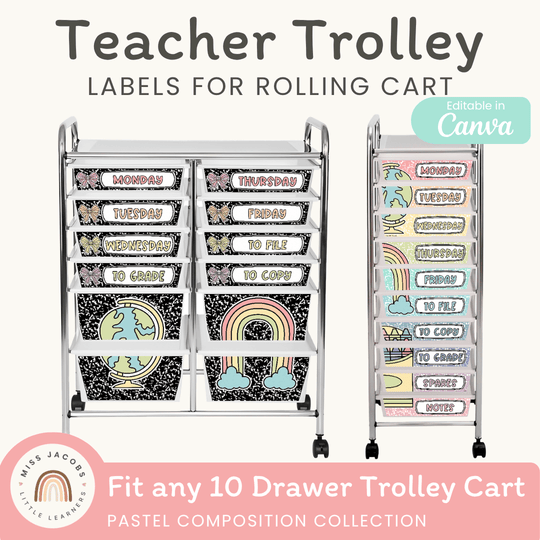 Teacher Trolley Labels for Rolling Cart - Pastel Composition Notebook Classroom Decor