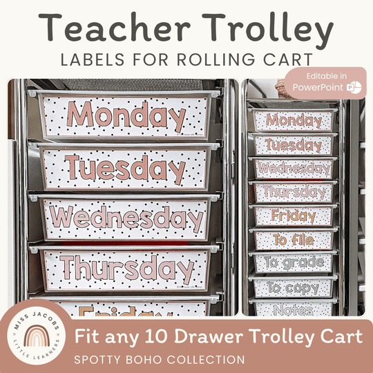 Teacher Trolley Labels for Rolling Cart - Spotty Boho Classroom Decor