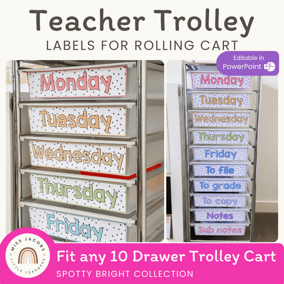 Teacher Trolley Labels for Rolling Cart - Spotty Bright - Miss Jacobs ...
