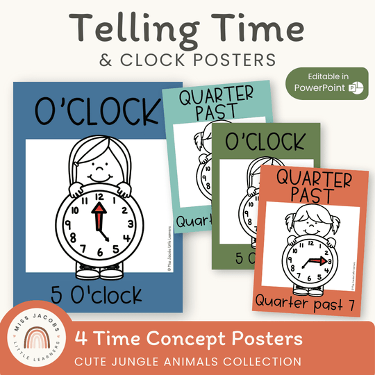 Telling Time and Clock Posters - Cute Jungle Animals Theme
